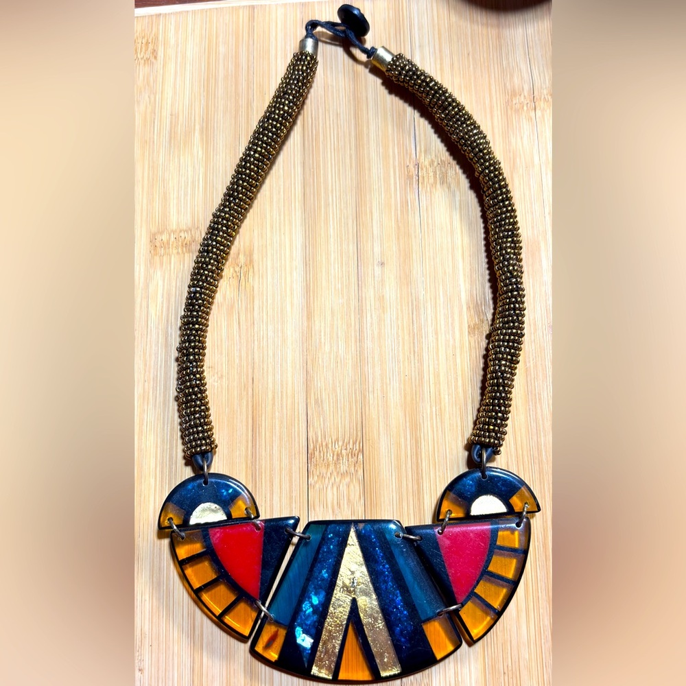 Vintage 80’s Acrylic and Glass Seed Bead Colorful Geometric Statement Necklace